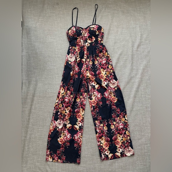 Band of Gypsies Floral Jumpsuit Women’s Small Wide Leg Elastic Back Boho - Picture 2 of 14